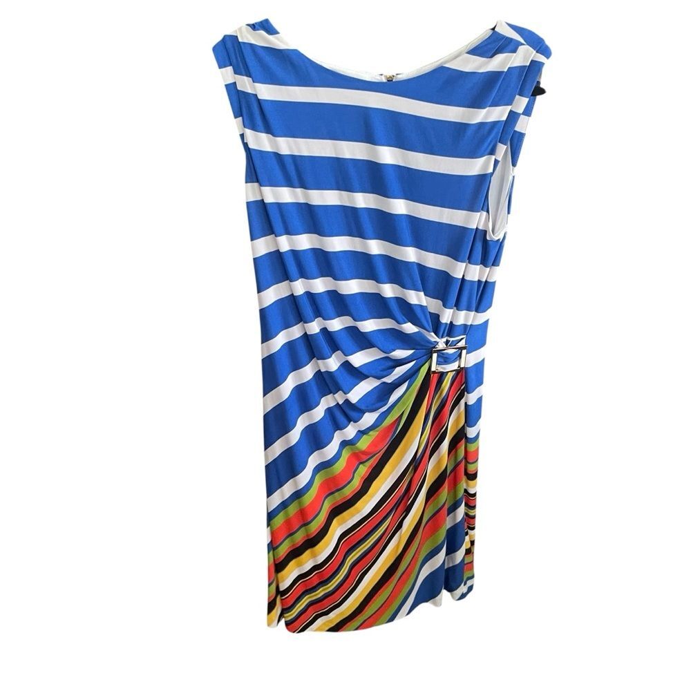 Tahari ASL Sleeveless Striped Ruched Side Buckle Jersey Dress Women Plus Size 14